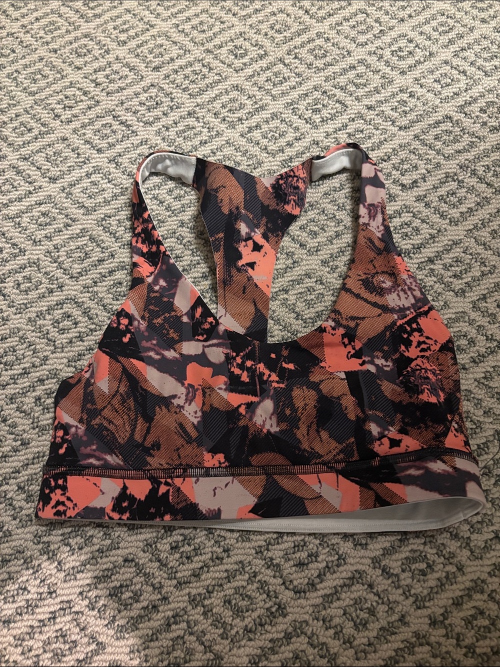 lululemon athletica Coral, Black & Brown Abstract Racerback Sports Bra